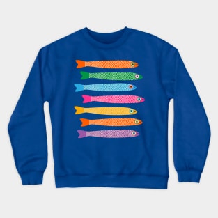 ANCHOVIES Bright Graphic Fun Groovy Fish in Rainbow Colors on Royal Blue - Horizontal Layout - UnBlink Studio by Jackie Tahara Crewneck Sweatshirt